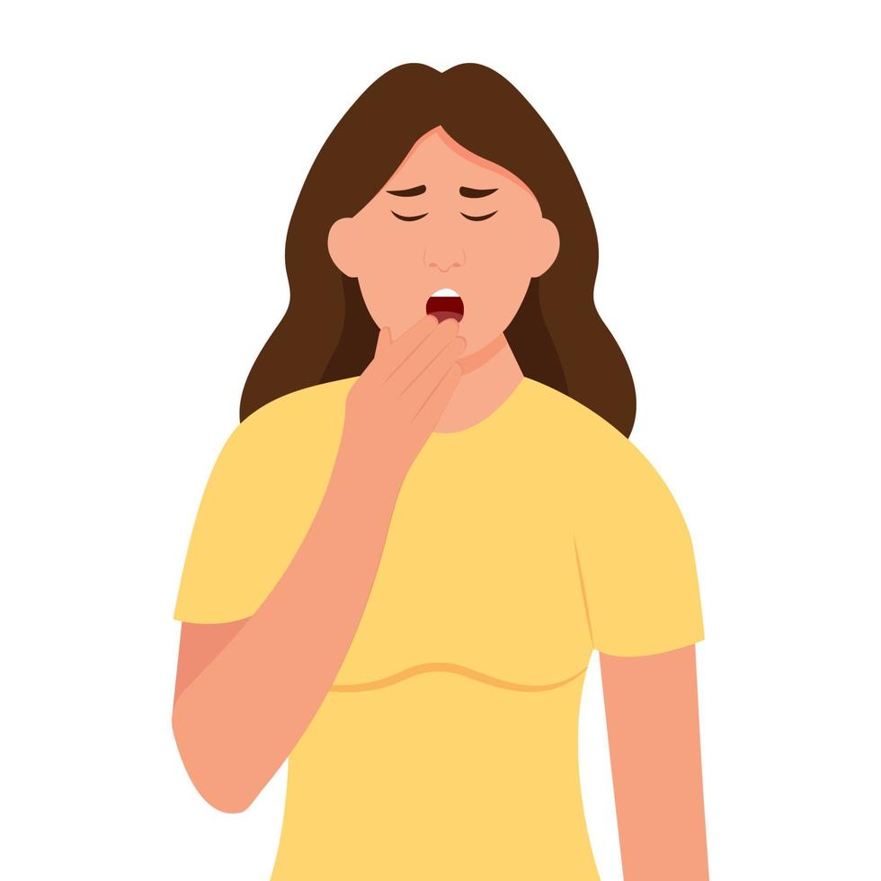 donna sbadigli copertura bocca con mano. assonnato persona con Aperto bocca.stanchezza. Basso energia.vettore illustrazione vettore