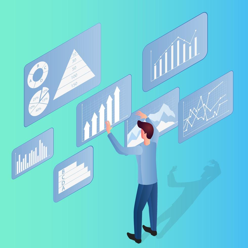 attività commerciale analisi.a uomo d'affari studi infografica.il concetto di lavoro di squadra e dati contabilità.affari e progetto finanziamento.isometrico vettore illustrazione.