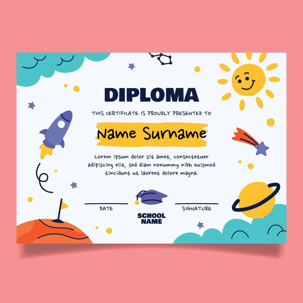 mano disegnato diploma certificato modello per bambini vettore