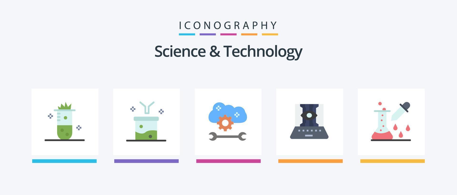 scienza e tecnologia piatto 5 icona imballare Compreso tecnologia. ingegneria. imbuto. computer scienze. nube servizio configurare. creativo icone design vettore