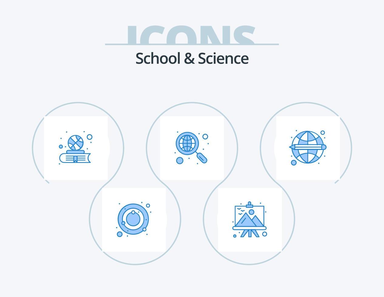 scuola e scienza blu icona imballare 5 icona design. globale. ricerca. libro. globale ricerca. scoprire vettore