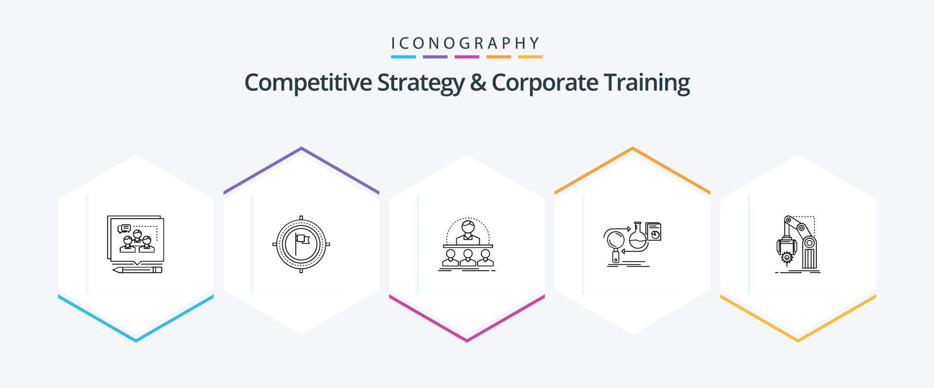 competitivo strategia e aziendale formazione 25 linea icona imballare Compreso sviluppare. analisi. bandiera. mentore. corso vettore