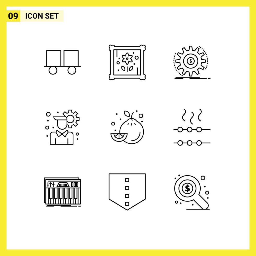 moderno impostato di 9 lineamenti pittogramma di frutta utente ambientazione finanza configurazione i soldi modificabile vettore design elementi