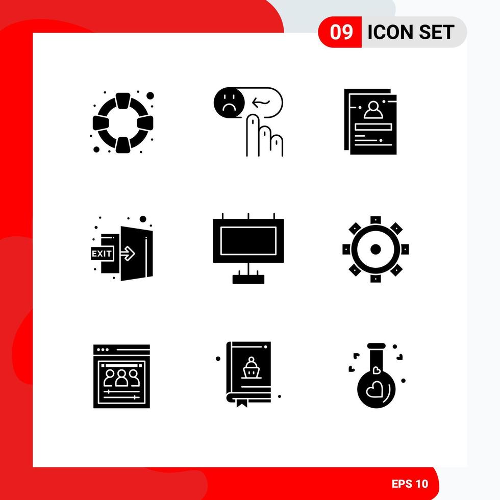 moderno impostato di 9 solido glifi pittogramma di annuncio pubblicitario disconnettersi pagina Uscita utente modificabile vettore design elementi