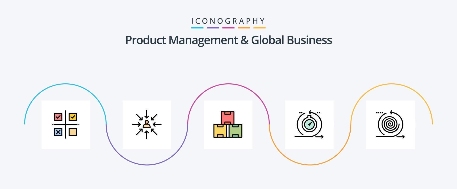 Prodotto managment e globale attività commerciale linea pieno piatto 5 icona imballare Compreso veloce. ciclo. messa a fuoco. agile. produzione vettore