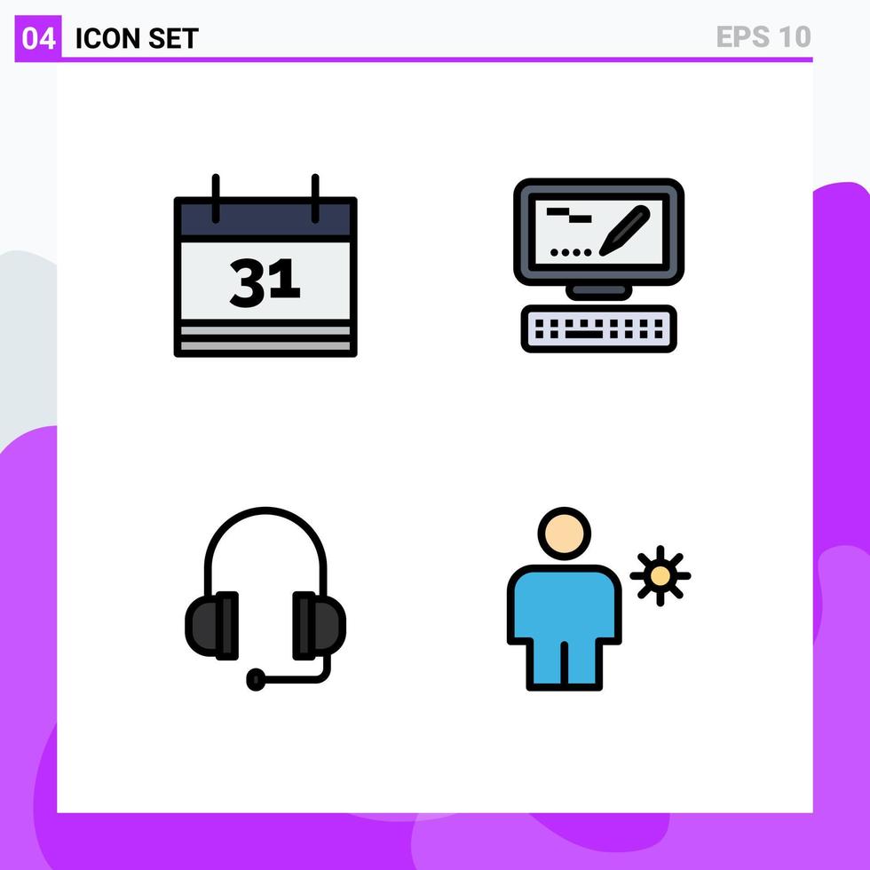 moderno impostato di 4 riga piena piatto colori pittogramma di calendario avatar computer cuffie umano modificabile vettore design elementi
