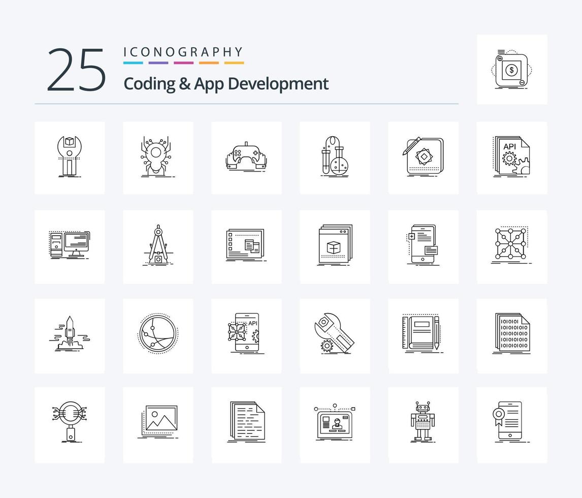 codifica e App sviluppo 25 linea icona imballare Compreso chimica. virus. app. mobile vettore