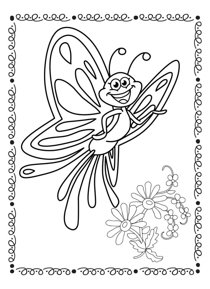 fiore e farfalla colorazione pagina per bambini vettore