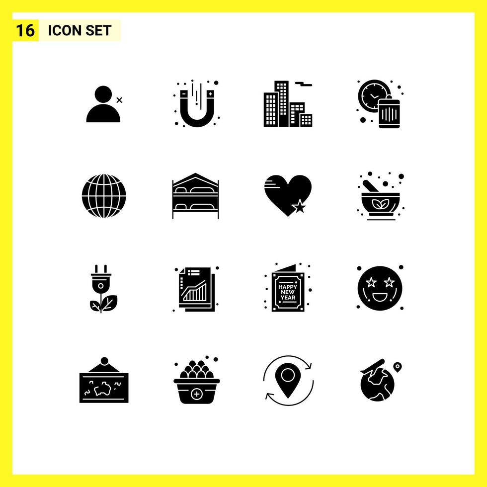 16 utente interfaccia solido glifo imballare di moderno segni e simboli di letto globo edificio globale tempo modificabile vettore design elementi