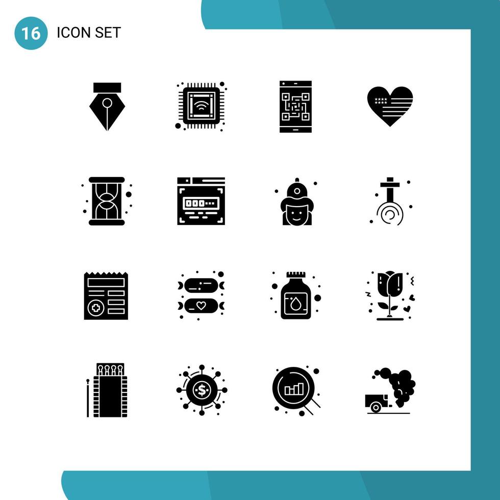 16 solido glifo concetto per siti web mobile e applicazioni Caricamento in corso bandiera pagamento americano cuore modificabile vettore design elementi