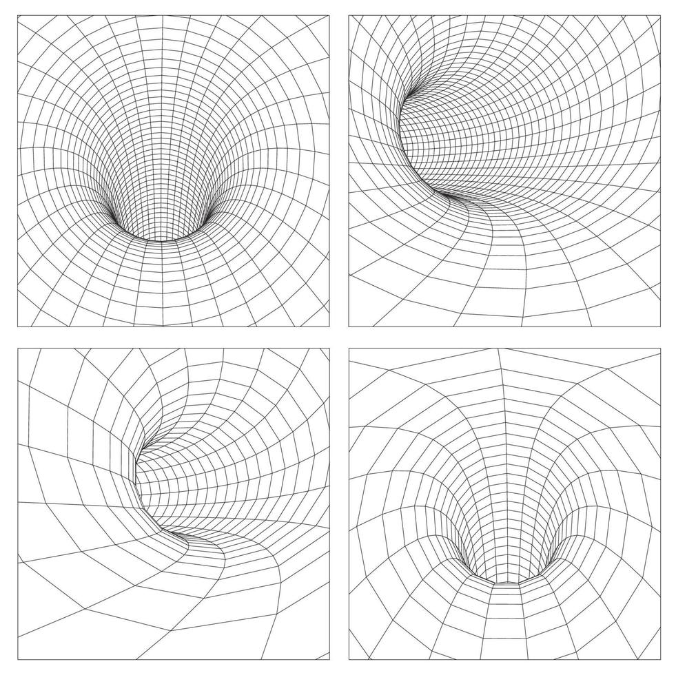 griglia wormhole wireframe tunnel. 3d gravità quantistico, vettore wormhole illustrazione. singolarità astratto nero buco vortice concetto 3d illustrazione. eps 10.