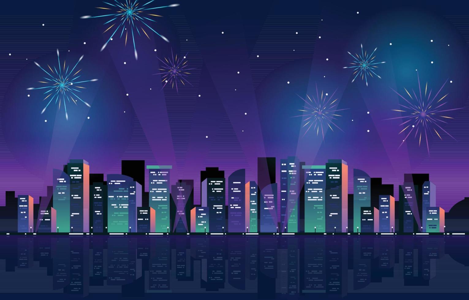 contento nuovo anno città edificio paesaggio urbano fuochi d'artificio acqua riflessione vettore