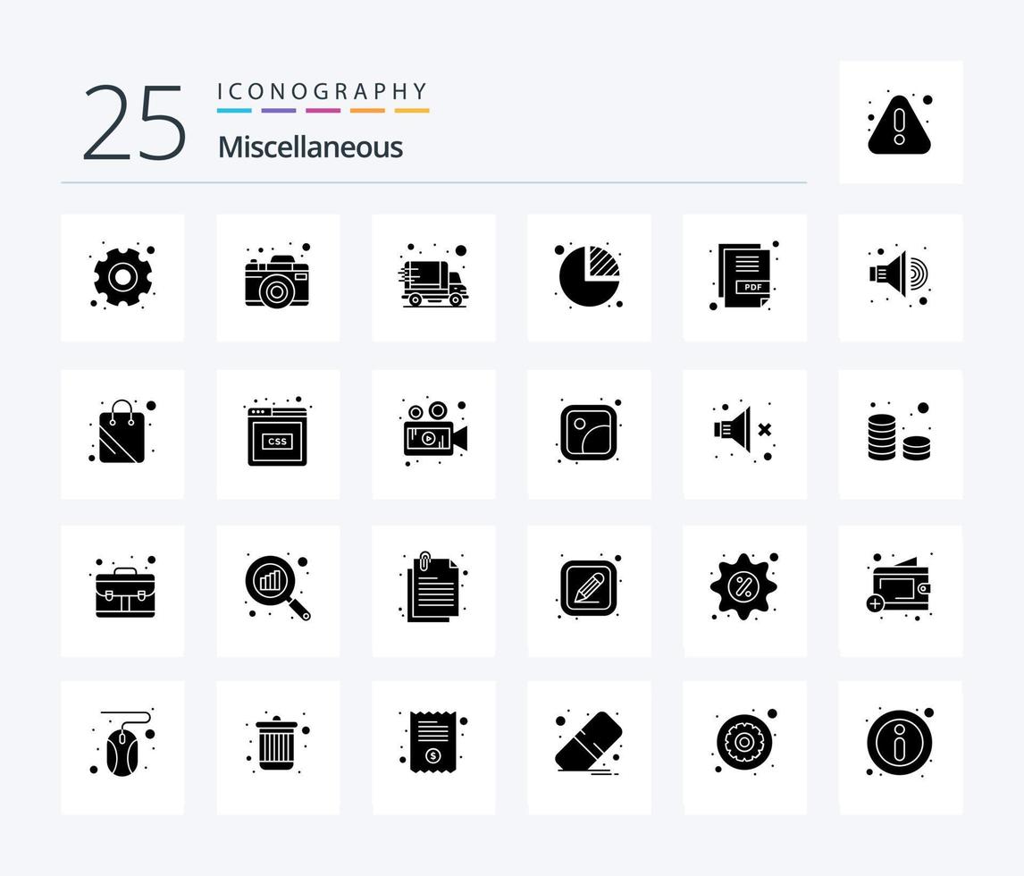 miscellaneo 25 solido glifo icona imballare Compreso PDF. consegna. statistiche. grafico vettore