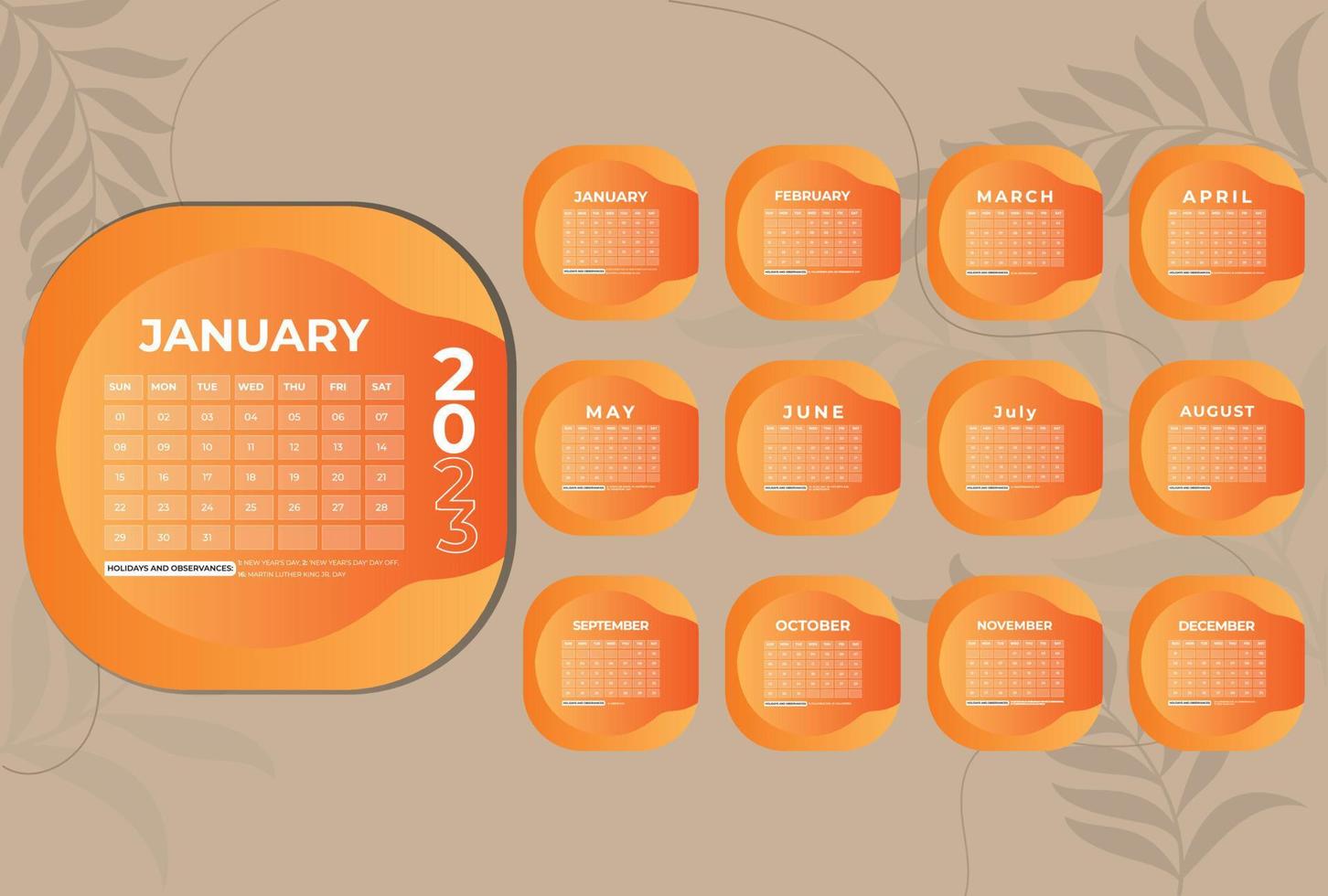 contento nuovo anno 2023 mensile calendario modello. settimana inizia su domenica. parete calendario nel un' minimalista stile. vettore design Stazionario modello. piatto stile colore.