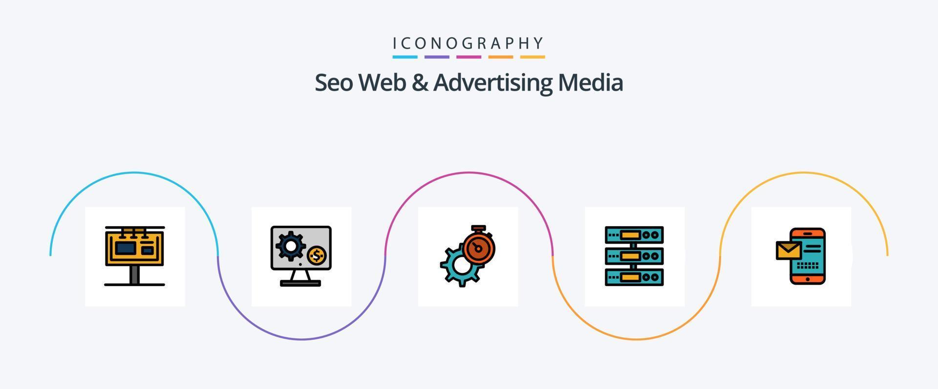 SEO ragnatela e pubblicità media linea pieno piatto 5 icona imballare Compreso dati. guarda. ambientazione. ambientazione. tempo vettore