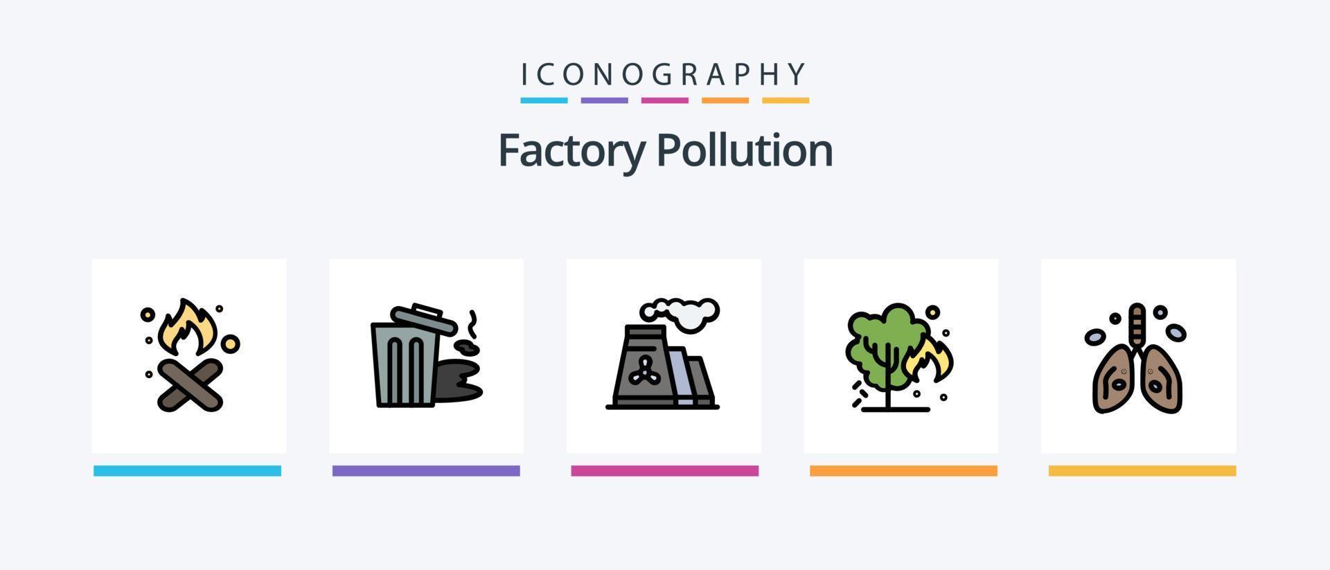 fabbrica inquinamento linea pieno 5 icona imballare Compreso inquinamento. fuoco. spazzatura. bruciare. verde. creativo icone design vettore