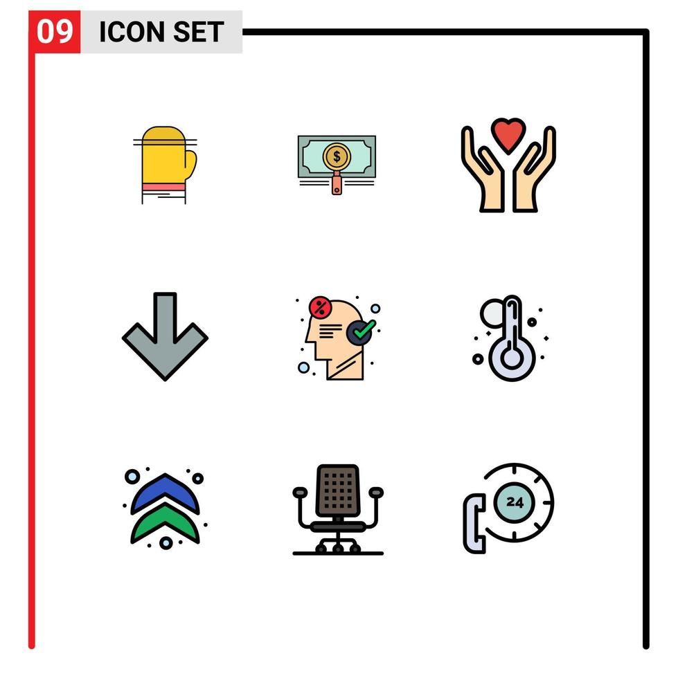 universale icona simboli gruppo di 9 moderno riga piena piatto colori di attività commerciale cervello dollaro indietro freccia modificabile vettore design elementi