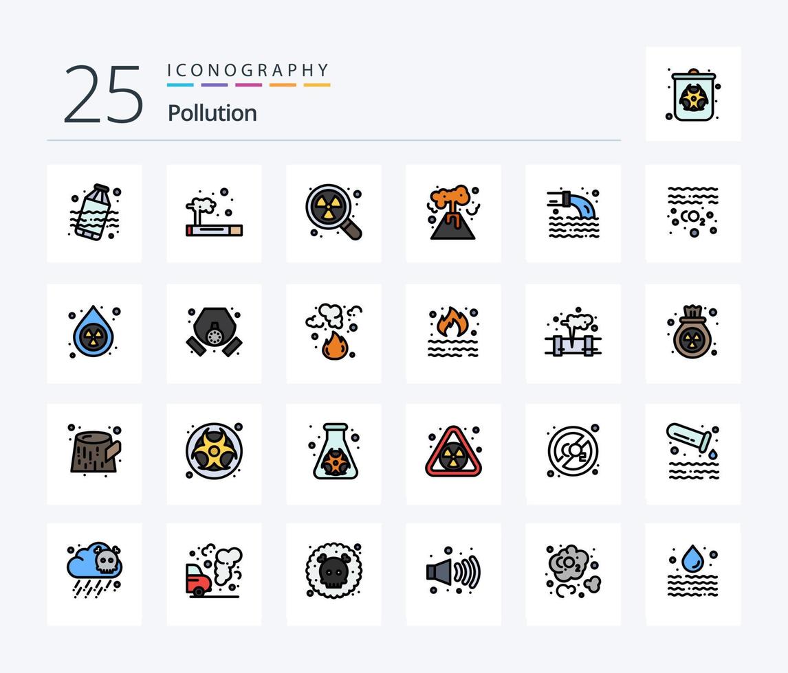 inquinamento 25 linea pieno icona imballare Compreso liquame. inquinamento. radioattivo. tubo. nucleare vettore