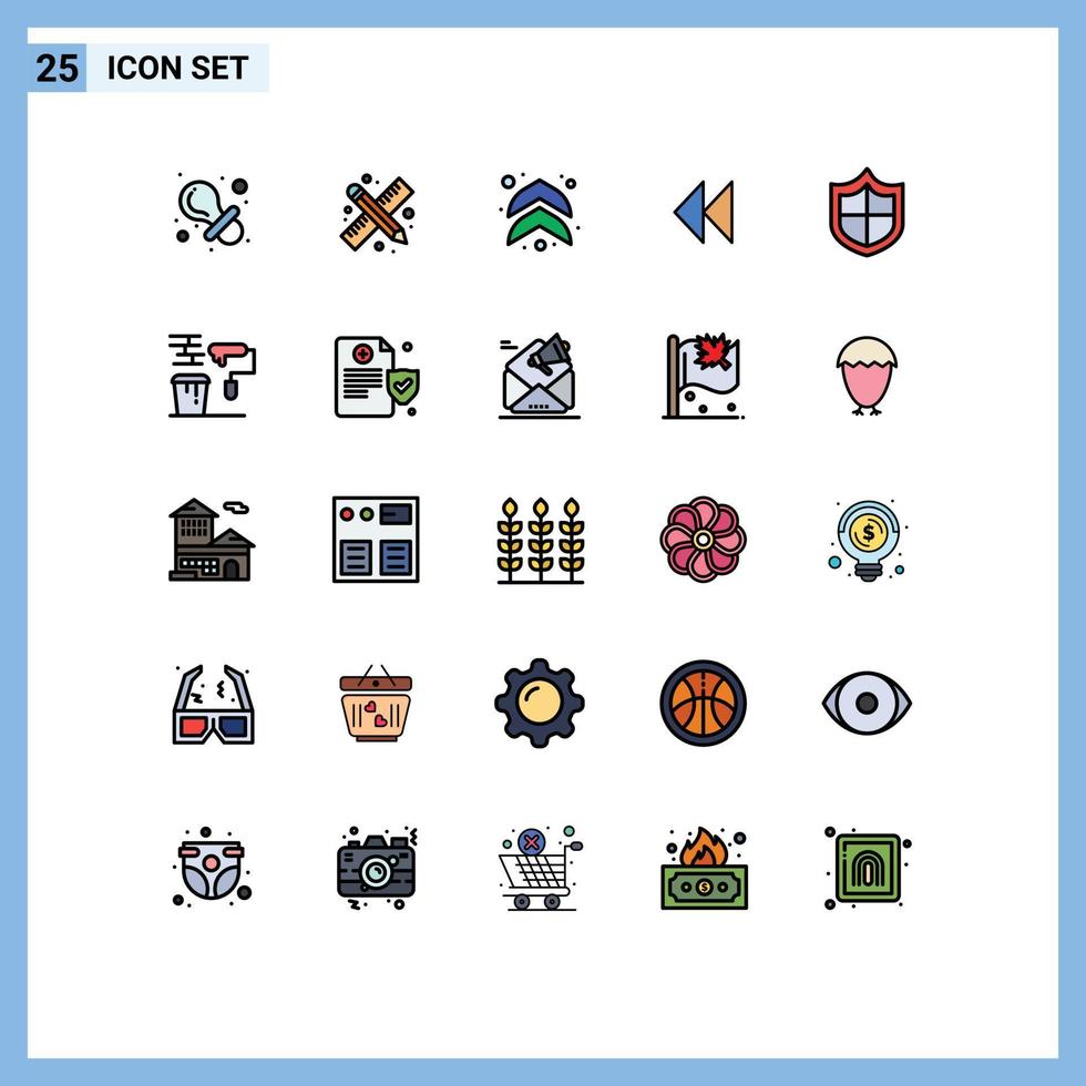 mobile interfaccia pieno linea piatto colore impostato di 25 pittogrammi di sicurezza antivirus freccia video media modificabile vettore design elementi