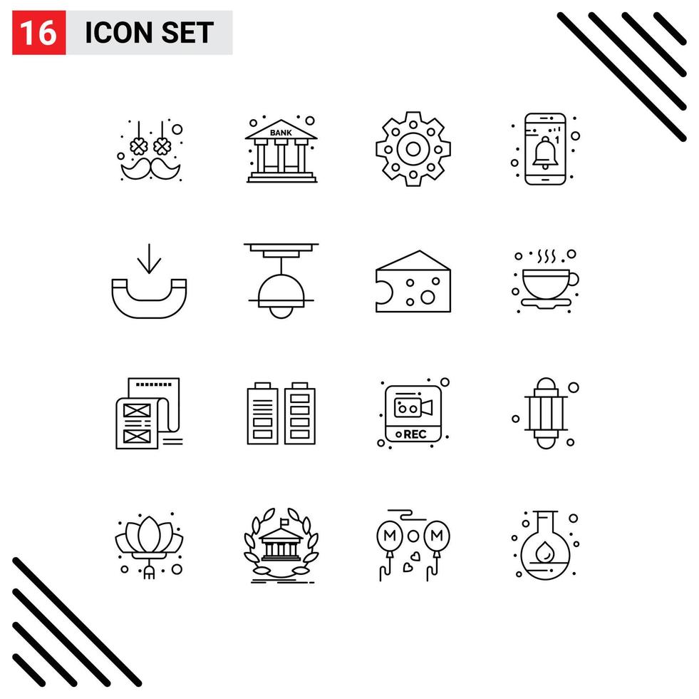 universale icona simboli gruppo di 16 moderno lineamenti di arredamento arrivo meccanico chiamata notifica modificabile vettore design elementi
