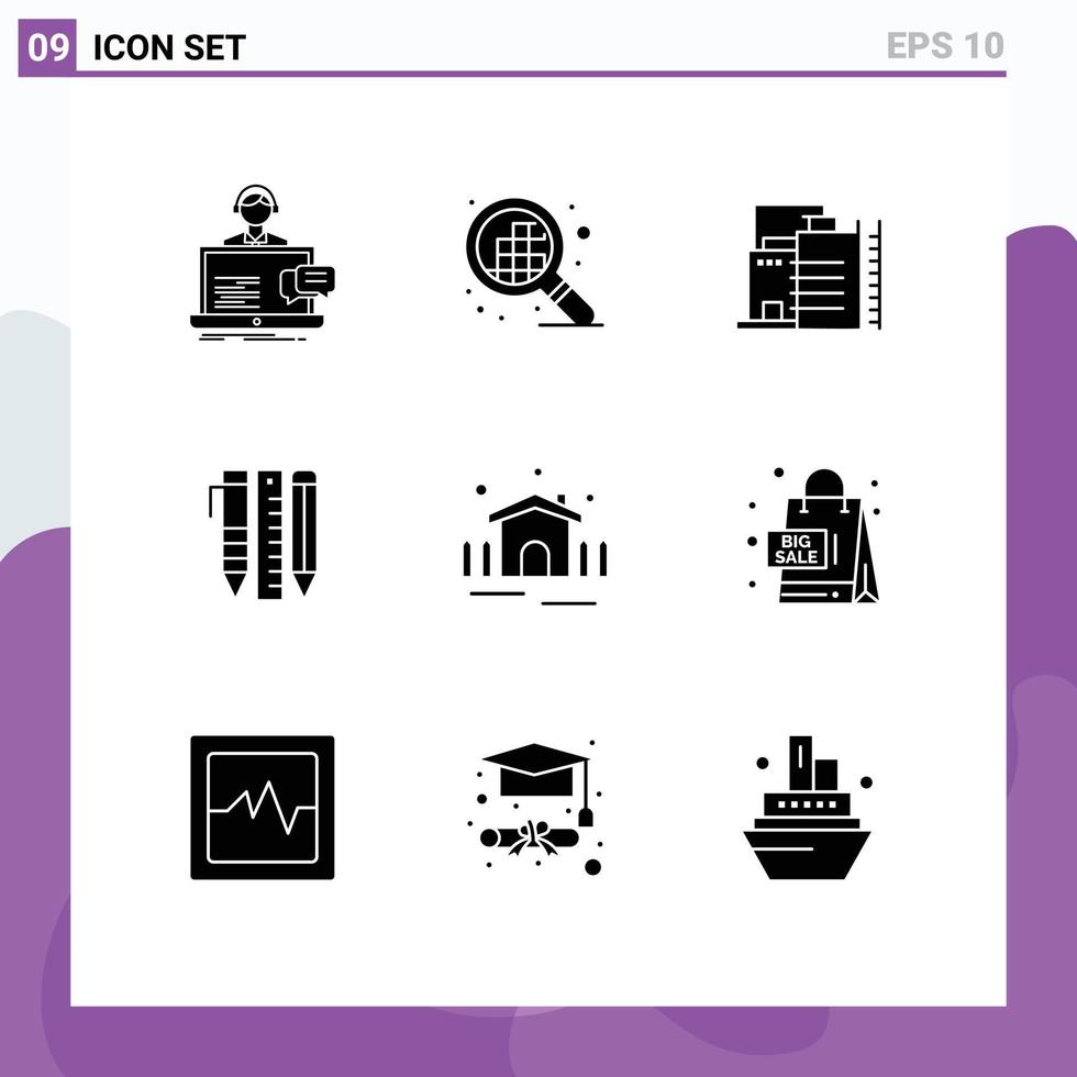 impostato di 9 commerciale solido glifi imballare per costruzione elementi edificio stazionario utensili modificabile vettore design elementi