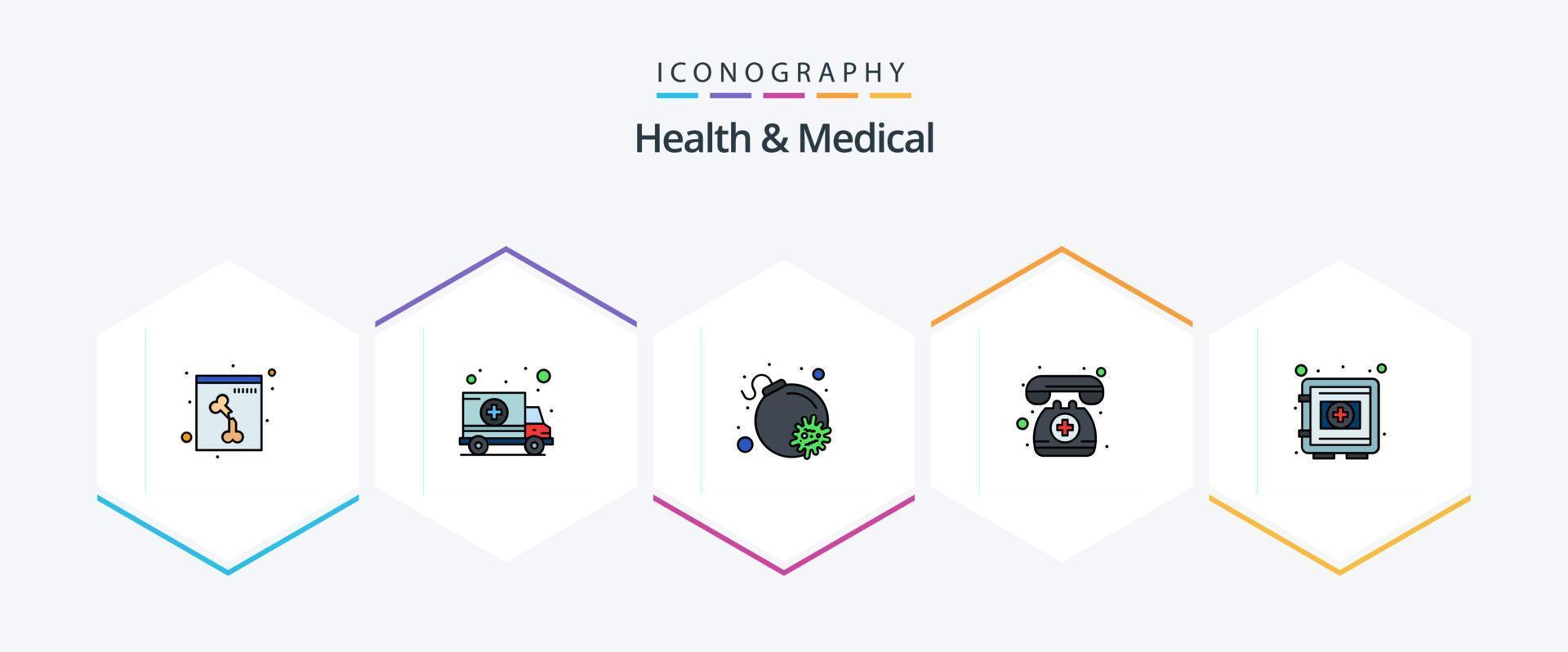Salute e medico 25 riga piena icona imballare Compreso sicuro. medico. bomba. armadietto. telefono vettore