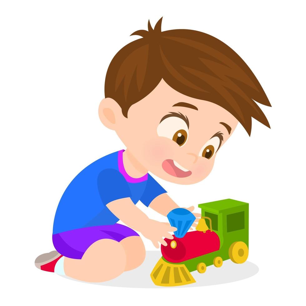 bambino che gioca con la ferrovia giocattolo vettore
