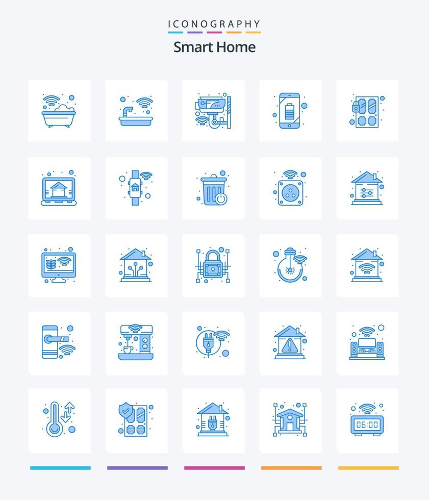 creativo inteligente casa 25 blu icona imballare come come Telefono. batteria. vasca. sorveglianza. sicurezza vettore