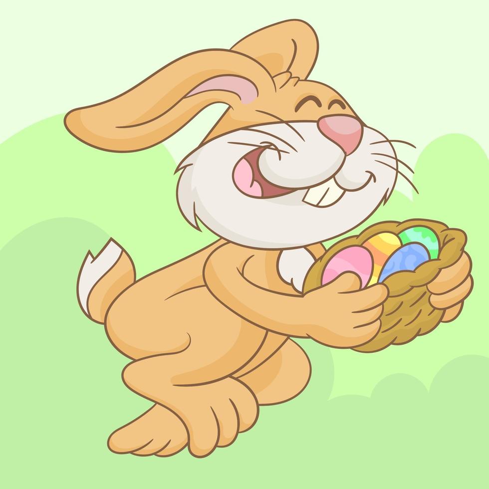 coniglietto di Pasqua con cesto di uova colorate vettore