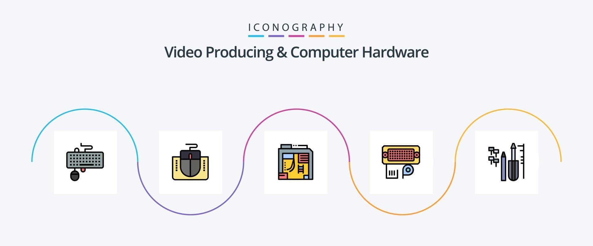 video producendo e computer hardware linea pieno piatto 5 icona imballare Compreso riparare. dati. computer. connessione. computer vettore