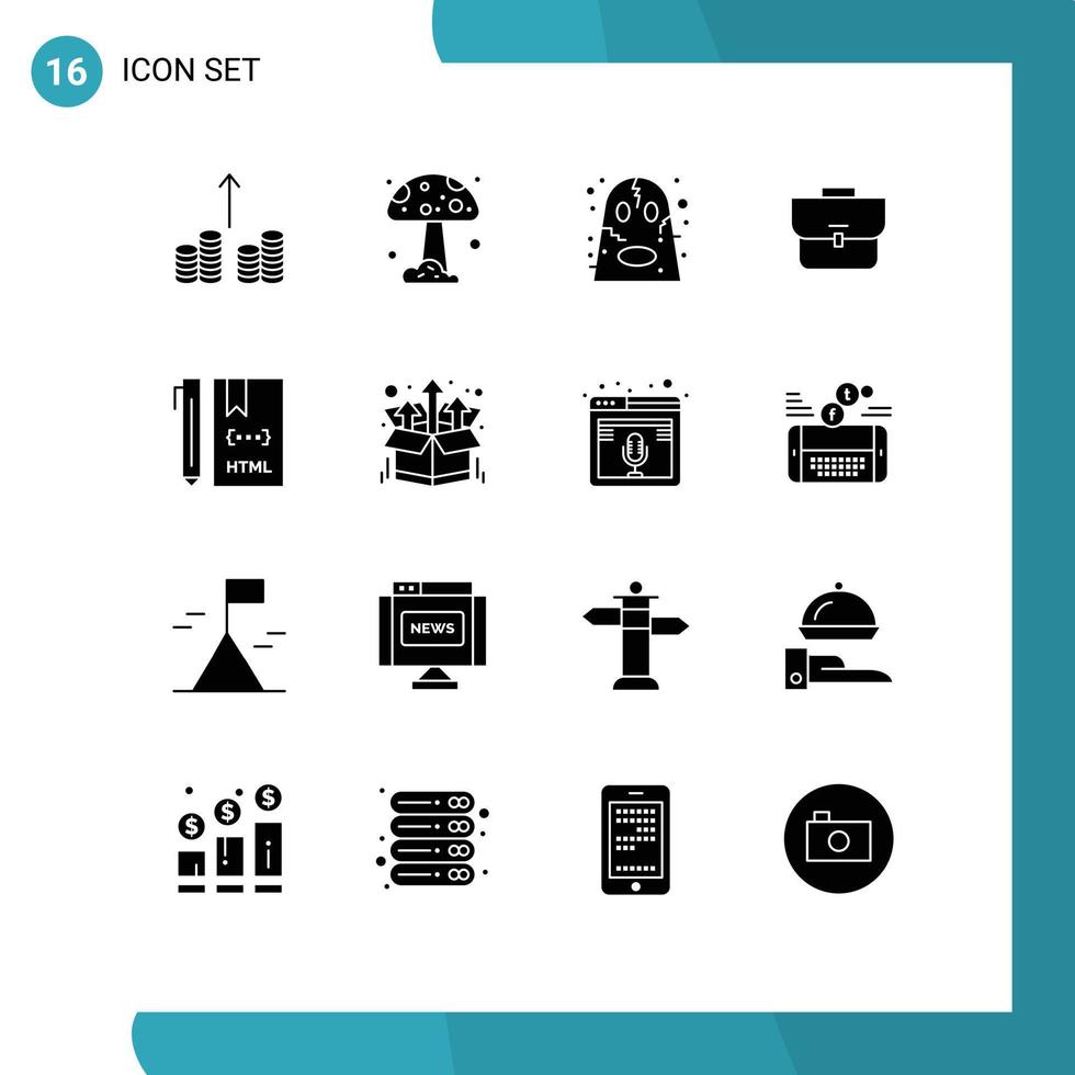 universale icona simboli gruppo di 16 moderno solido glifi di sviluppo codifica Halloween codice valigia modificabile vettore design elementi