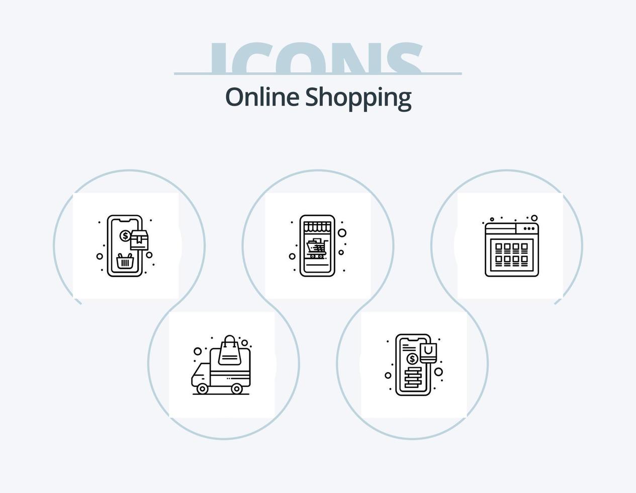 in linea shopping linea icona imballare 5 icona design. shopping carrello. elenco. account. Schermo. in linea vettore