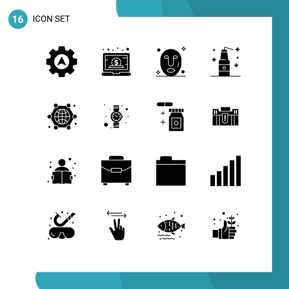 gruppo di 16 moderno solido glifi impostato per globo comunicazione facciale Armi bottiglia modificabile vettore design elementi