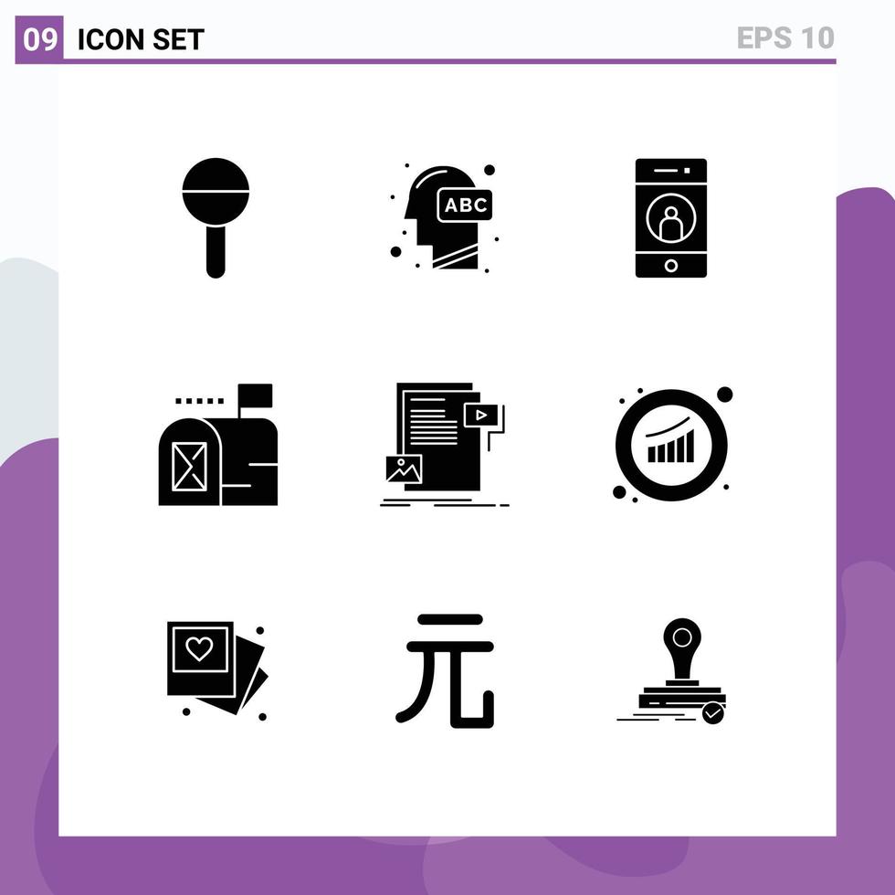 modificabile vettore linea imballare di 9 semplice solido glifi di dati posta apprendimento e-mail mobile modificabile vettore design elementi