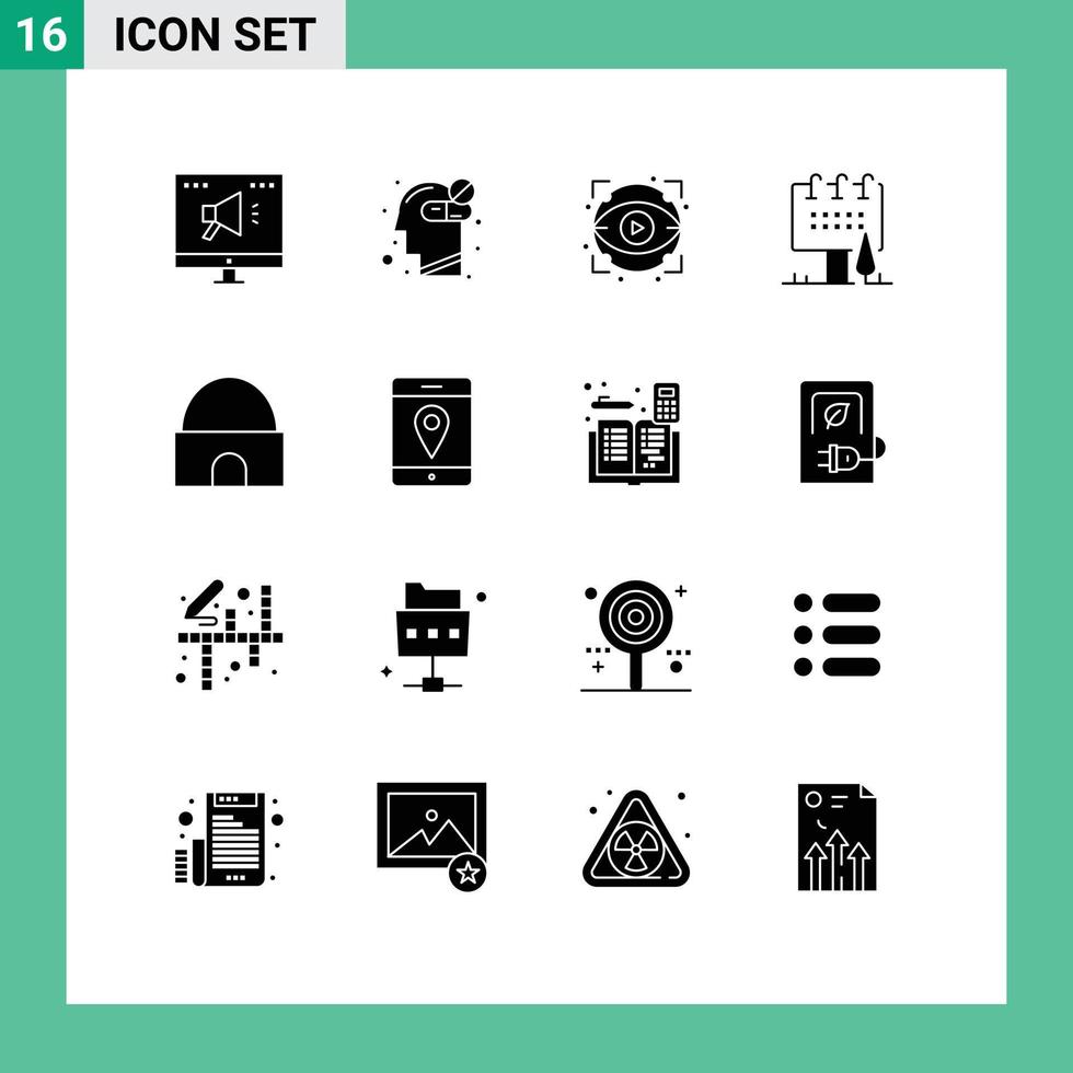 16 solido glifo concetto per siti web mobile e applicazioni edificio campagna occhio tavola pubblicità modificabile vettore design elementi