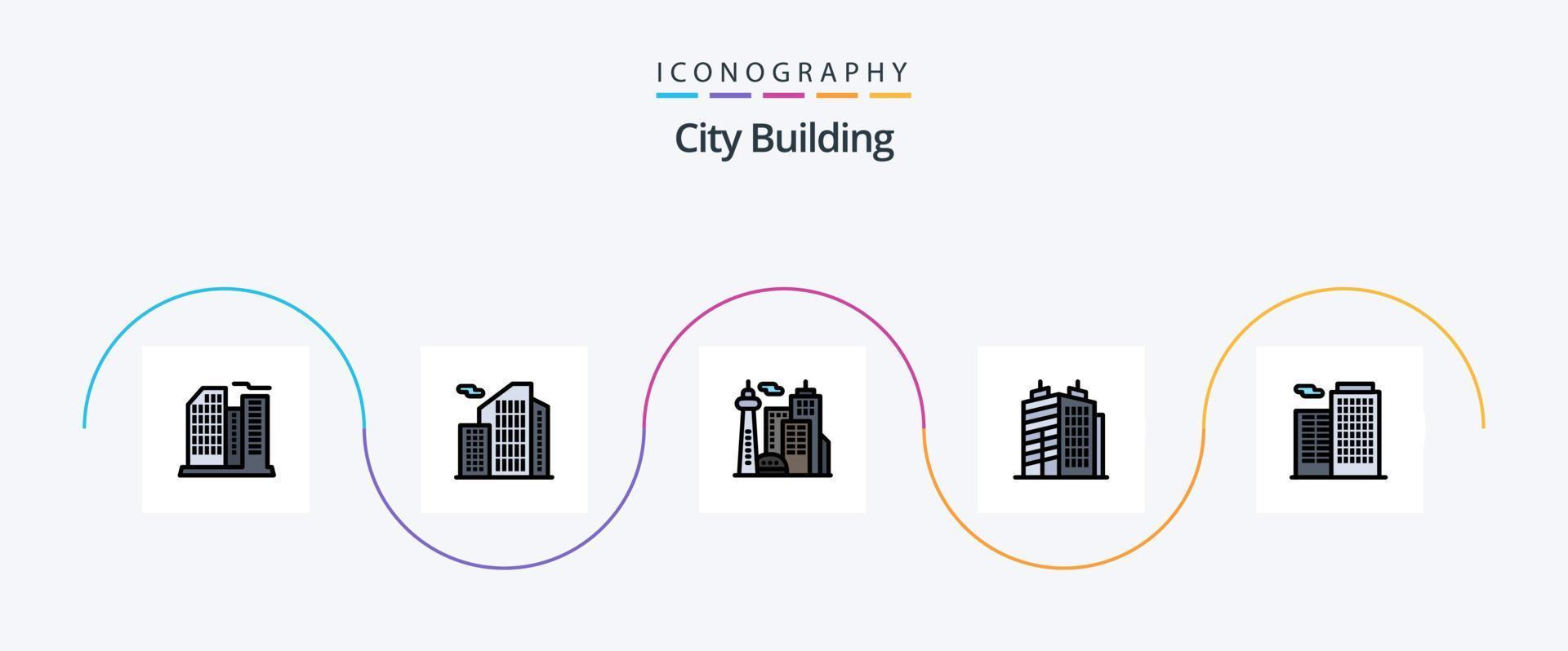 città edificio linea pieno piatto 5 icona imballare Compreso . costruzione. edificio vettore