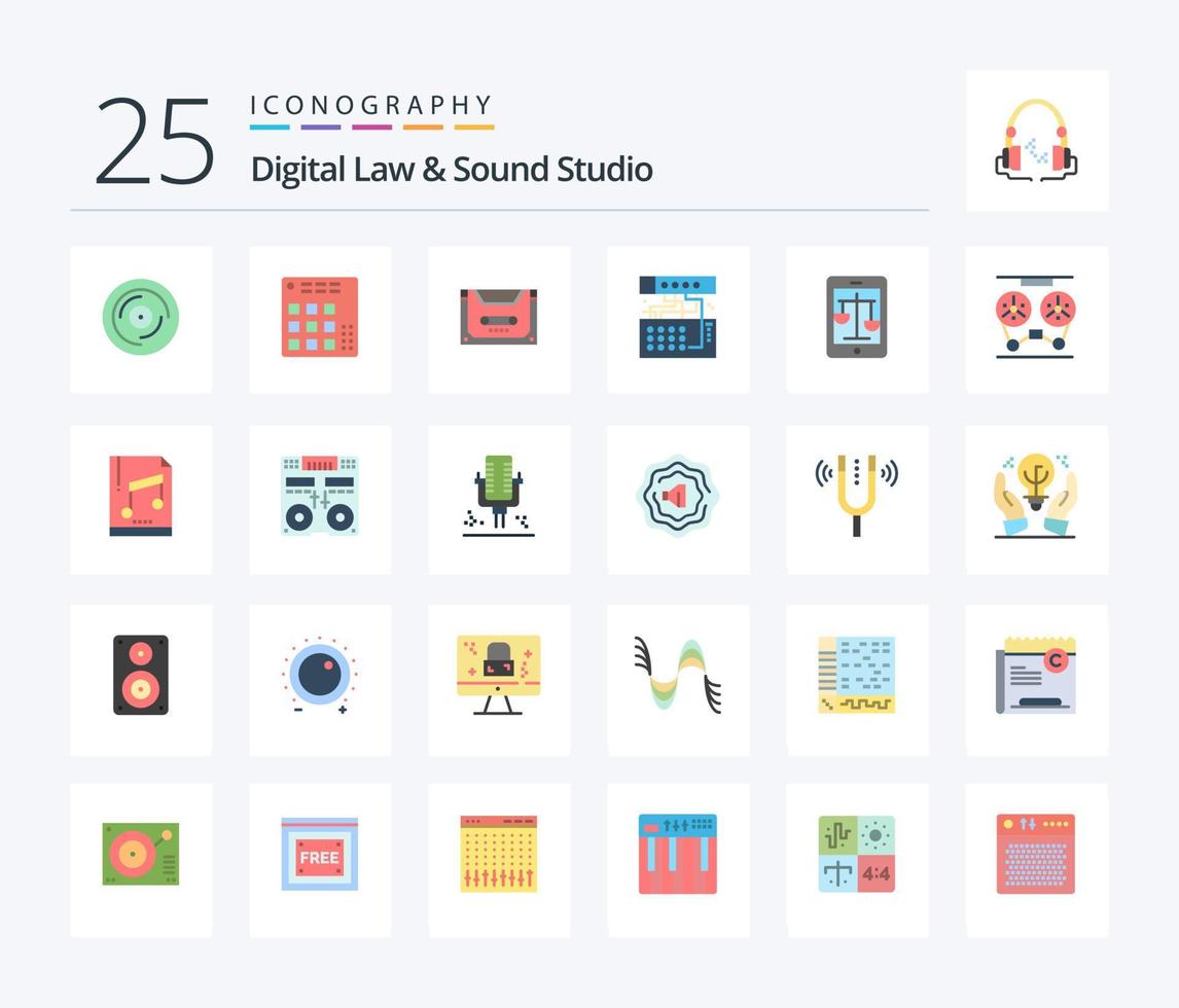digitale legge e suono studio 25 piatto colore icona imballare Compreso dispositivo. analogico. abitare. ponte. cassetta vettore