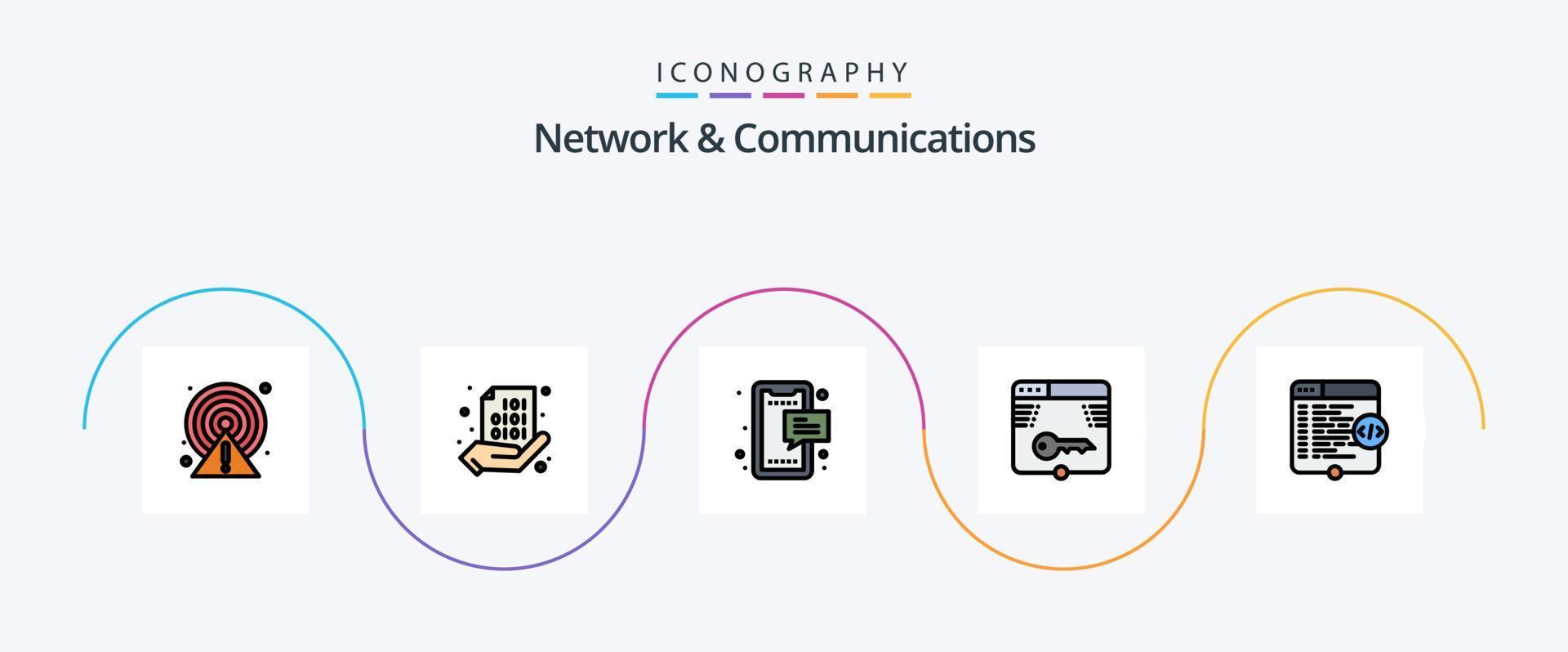 Rete e comunicazioni linea pieno piatto 5 icona imballare Compreso modulo. chiave. codifica. sicuro. mobile vettore