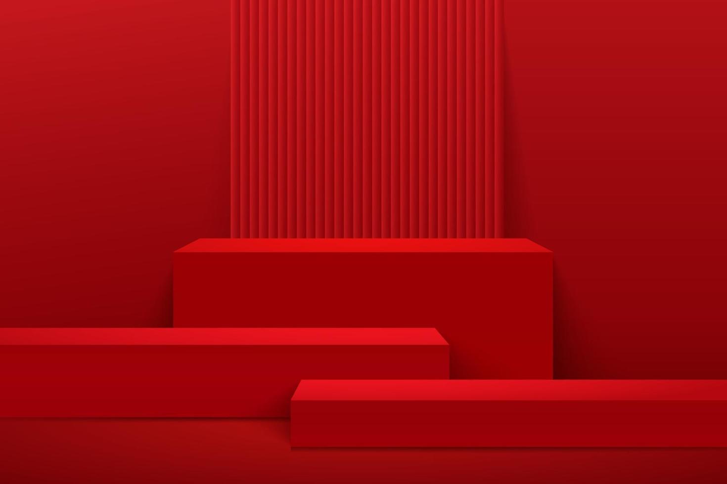 display cubo astratto per prodotto sul sito Web dal design moderno. rendering di sfondo con podio e scena di muro trama rossa minima, rendering 3d disegno di forma geometrica. stile orientale. illustrazione vettoriale
