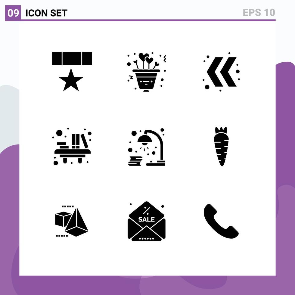 mobile interfaccia solido glifo impostato di 9 pittogrammi di libro scuola romanza biblioteca scrivania modificabile vettore design elementi