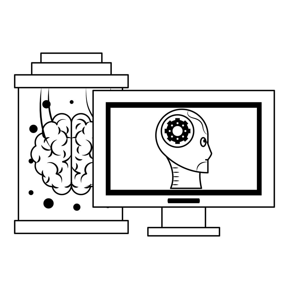 fumetto di concetto di icone di intelligenza artificiale in bianco e nero vettore