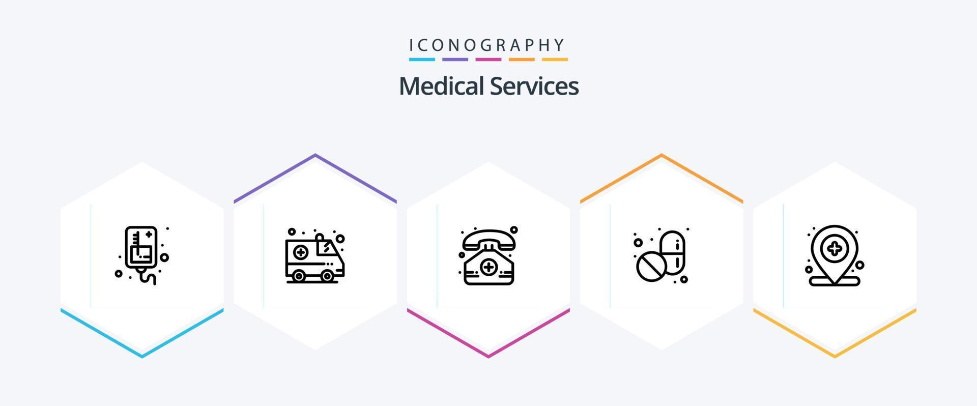 medico Servizi 25 linea icona imballare Compreso medico. Posizione. medico. Ospedale. pillole vettore