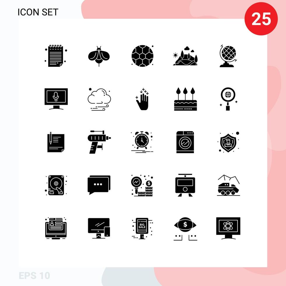 pittogramma impostato di 25 semplice solido glifi di tenere sotto controllo geografia calcio terra montagna modificabile vettore design elementi