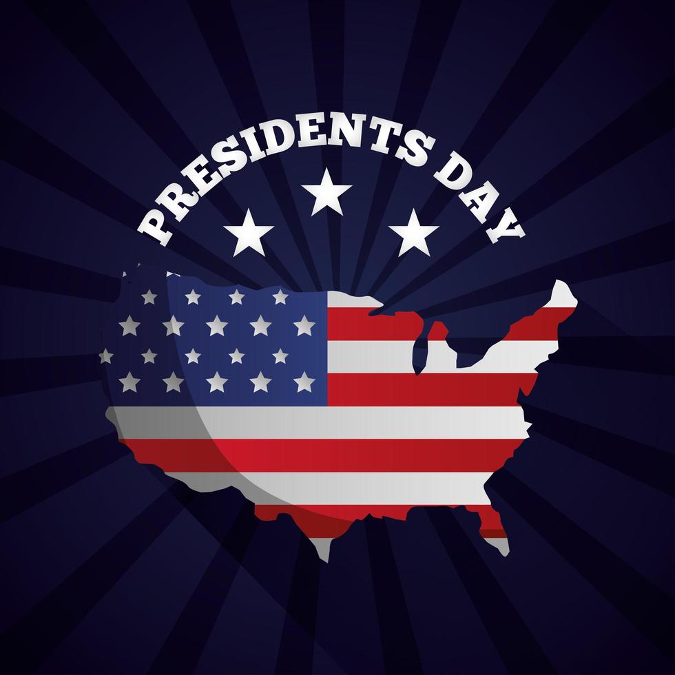 felice poster di celebrazione del giorno dei presidenti con bandiera usa nella mappa vettore