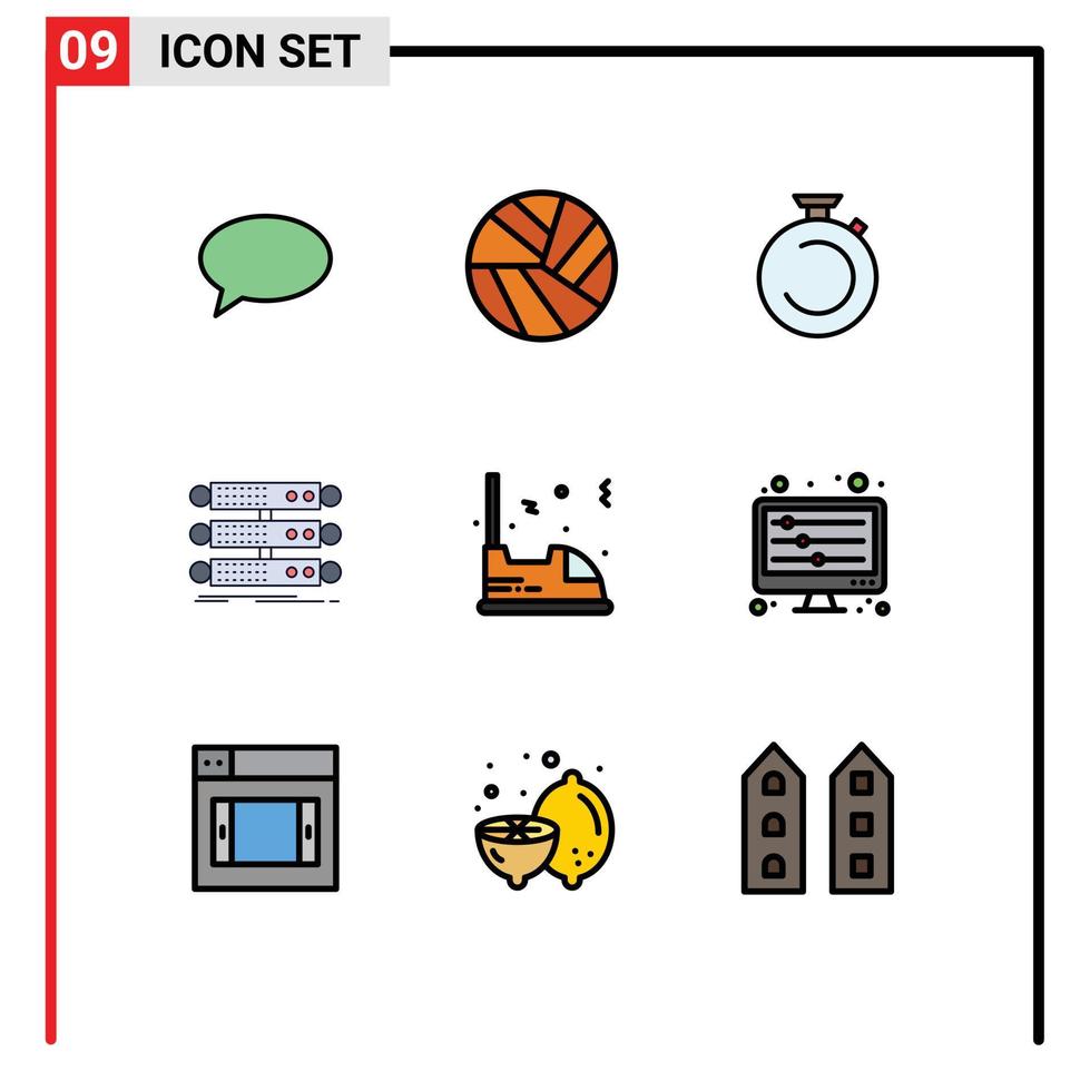 mobile interfaccia riga piena piatto colore impostato di 9 pittogrammi di elettrico Banca dati orologio cremagliera server modificabile vettore design elementi