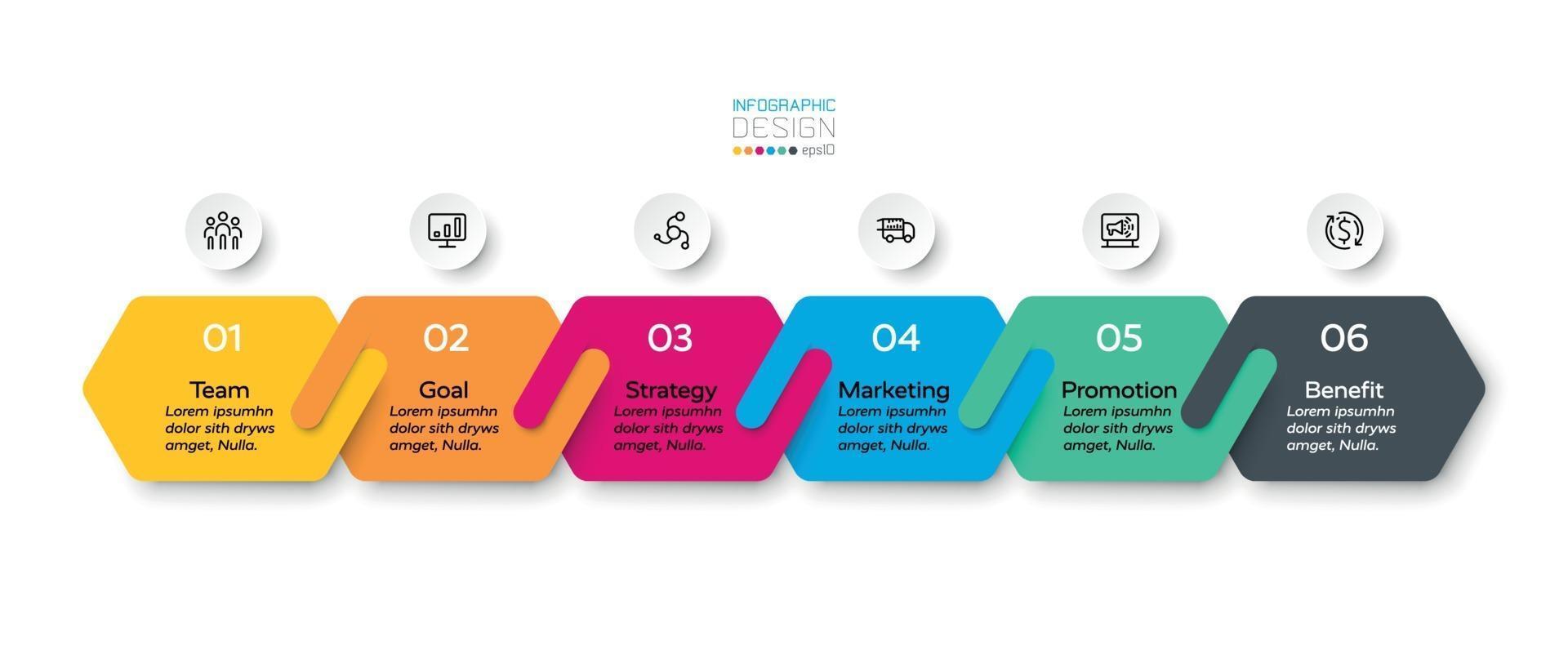 il nuovo design esagonale collega 6 fasi di business, marketing e pianificazione. progettazione infografica. vettore