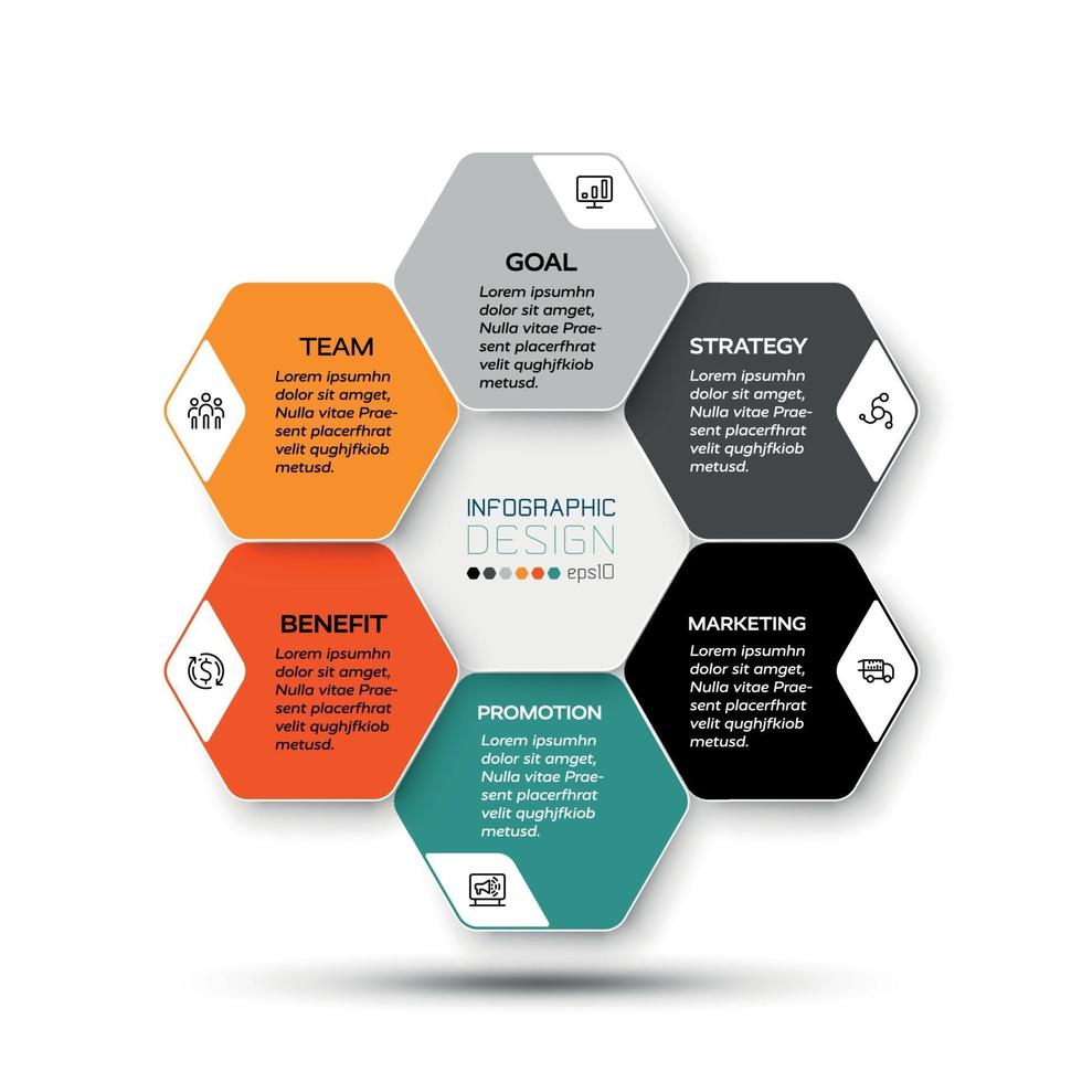 il design esagonale di piattaforme aziendali o aziendali vettoriali presenta e descrive i processi di lavoro. illustrazione infografica.