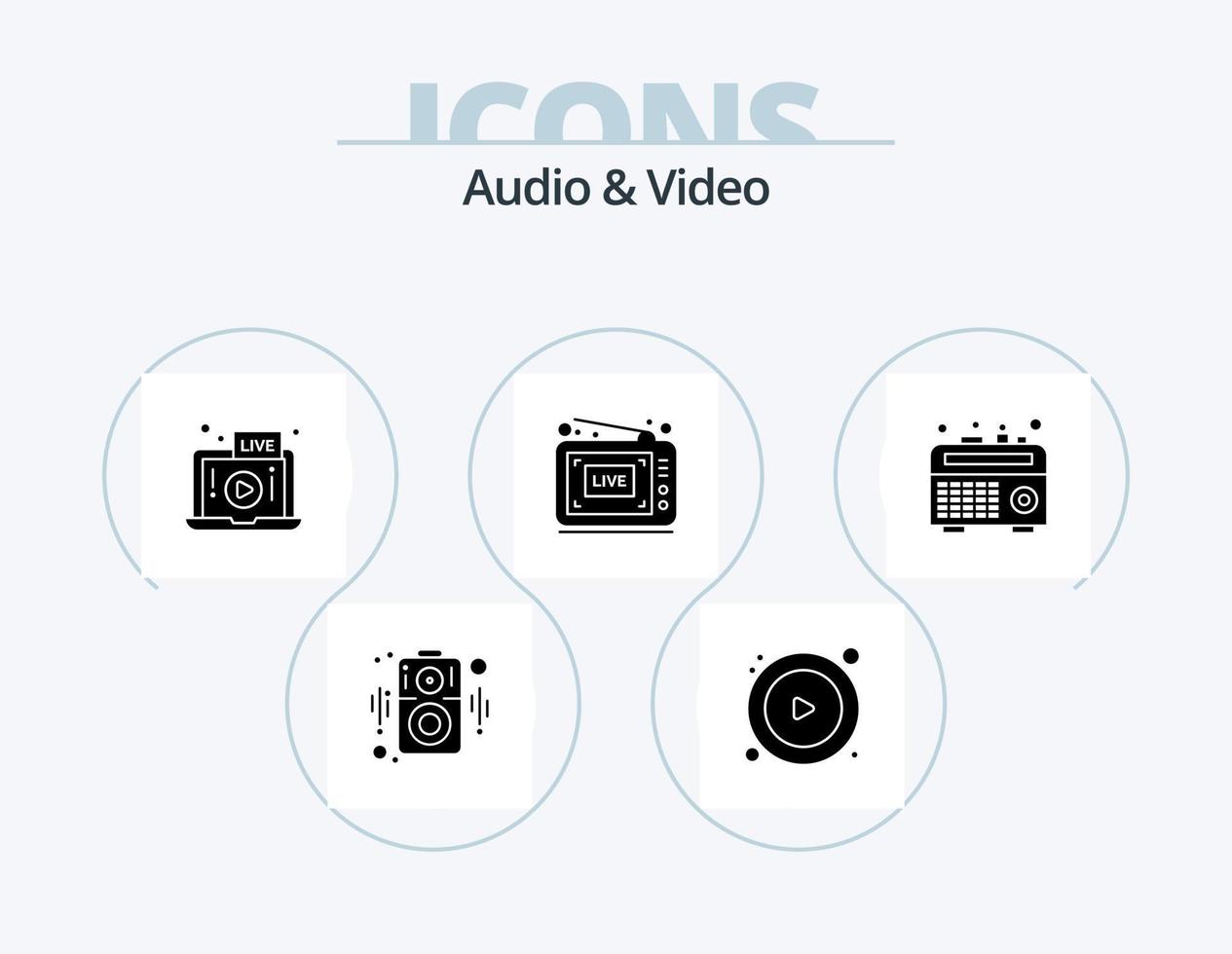 Audio e video glifo icona imballare 5 icona design. . Radio. giocare a. boom scatola. mostrare vettore