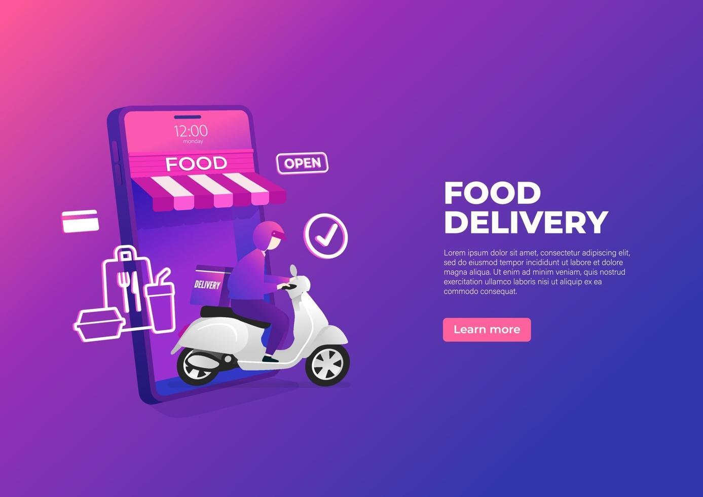 servizio di consegna cibo in scooter sul banner del telefono cellulare. ordinare cibo online su uno smartphone. vettore