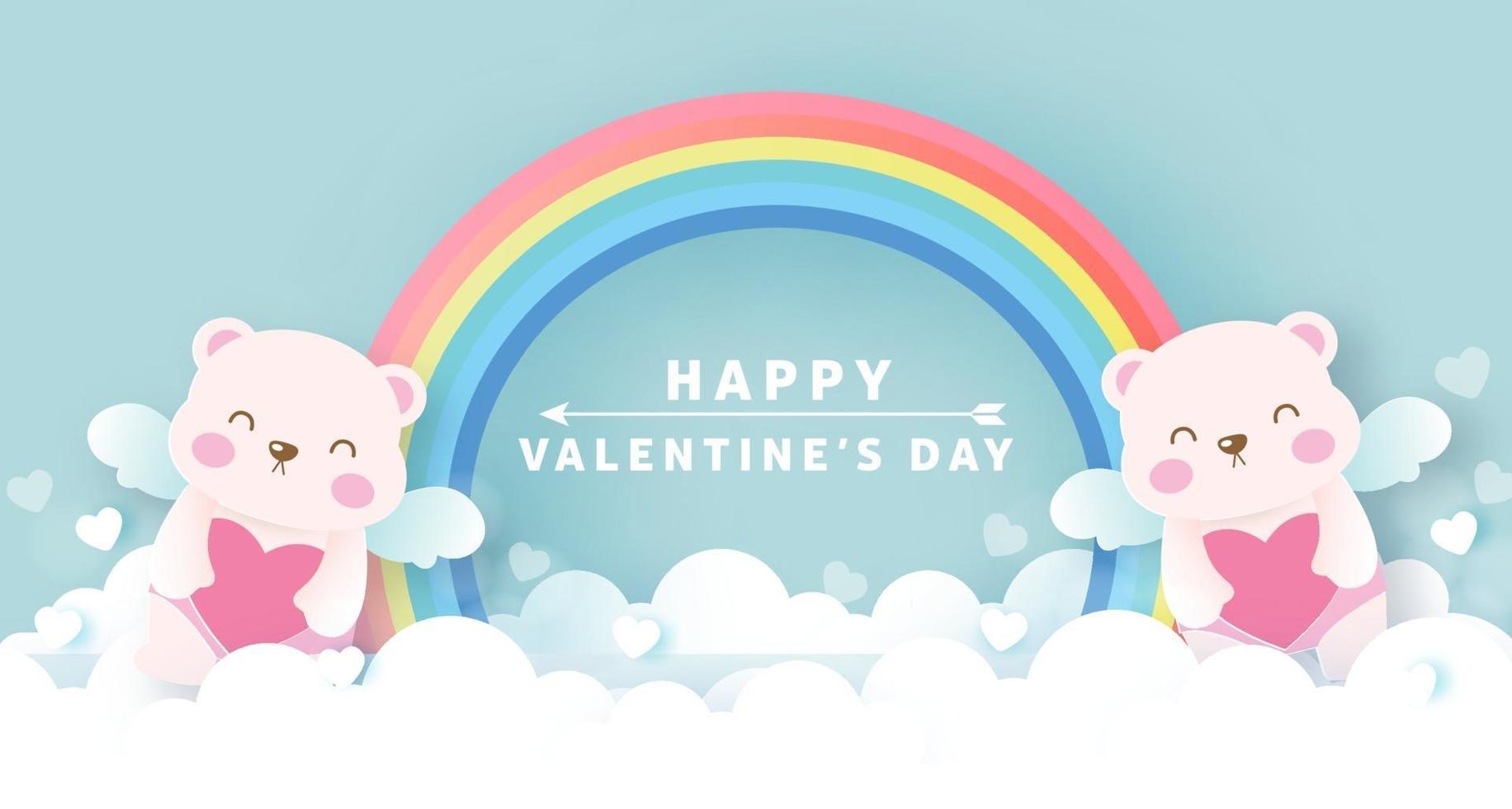biglietto di auguri di San Valentino con simpatici orsi Cupido e arcobaleno. vettore